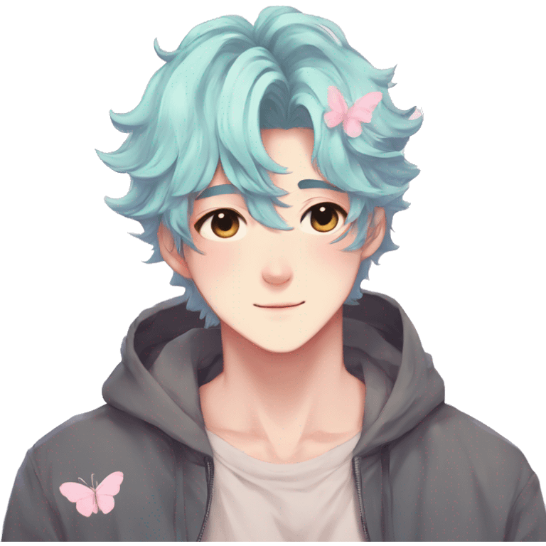 Gorgeous pastel anime style shojo man with blushing face and butterflies aesthetic trending style emoji