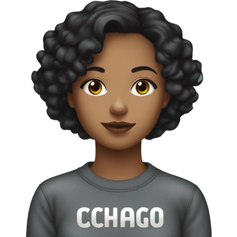 Girl with mid length curly black hair wearing a black Chicago sweatshirt emoji