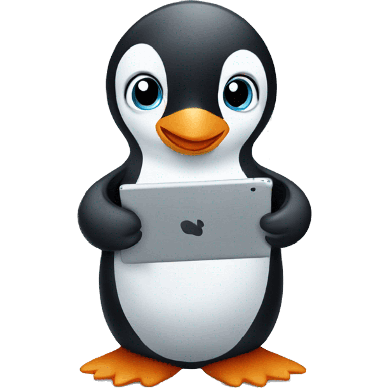 Baby cute penguin playing with an iPad emoji