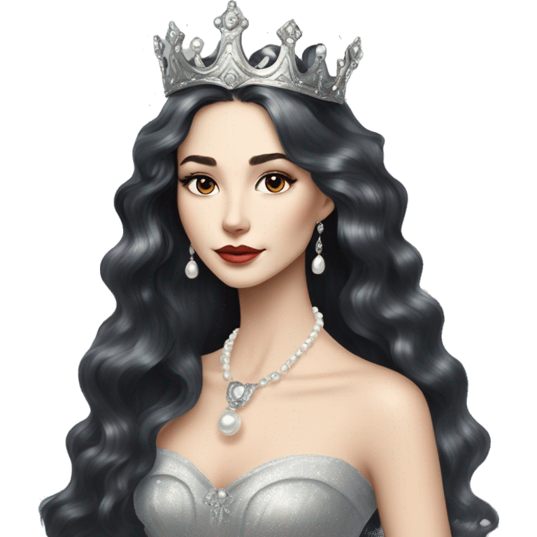 Regal pretty slender woman photograph defined cheekbones high cheekbones crown vintage with very long iridescent black and silver hair wavy long hair pearl crown iridescent emoji