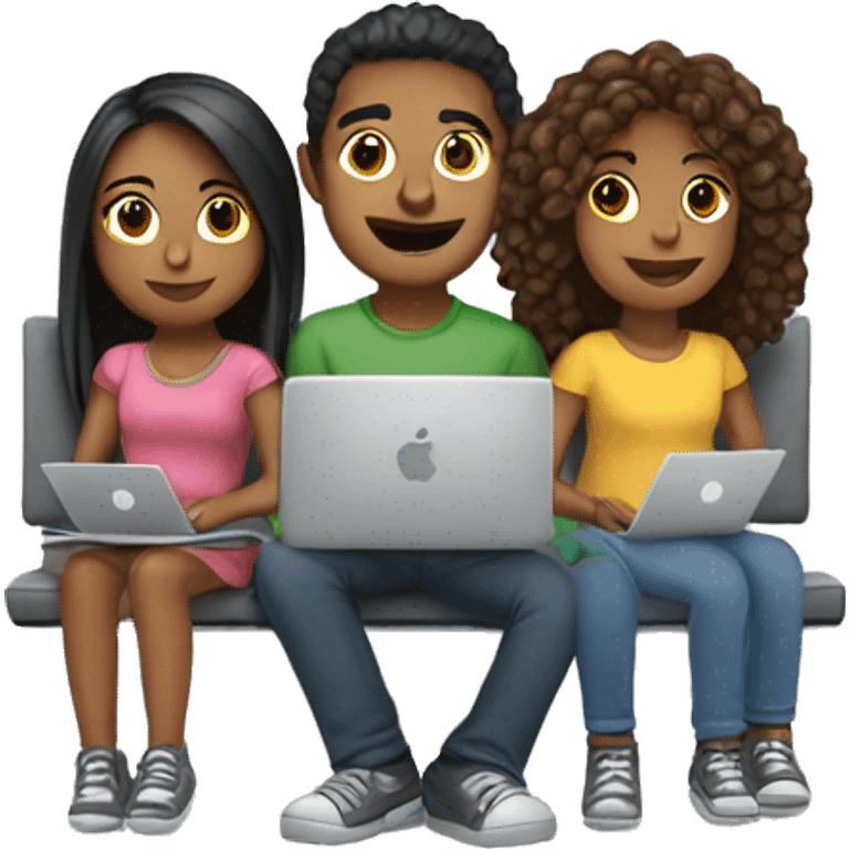 2 girl and 3 man each of them holding laptop and sit together  emoji