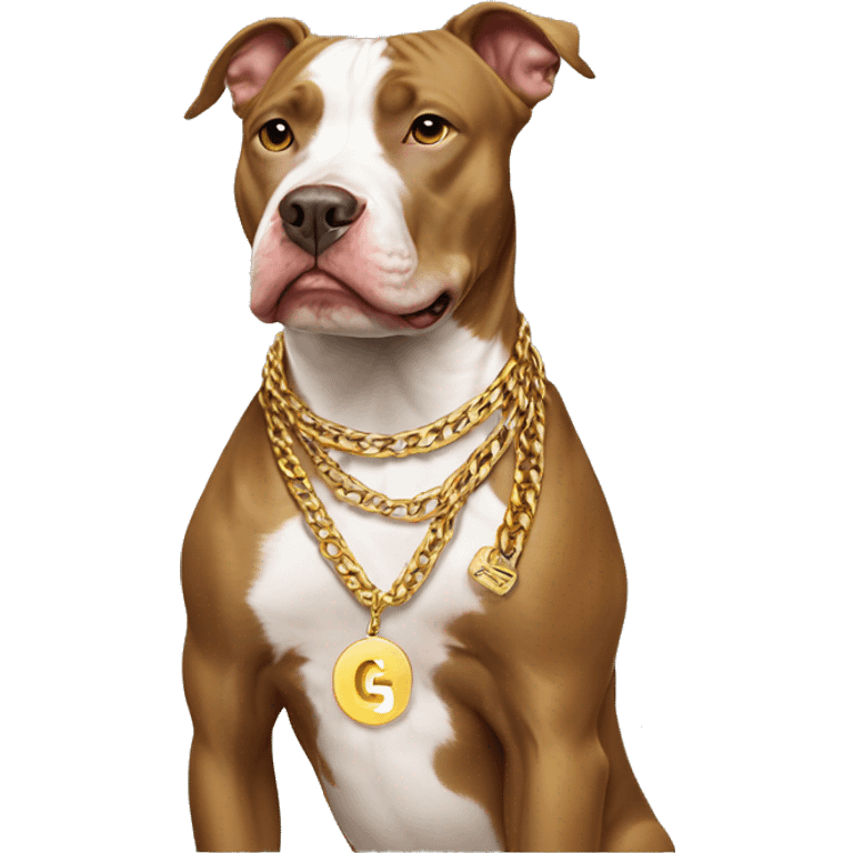 A dog pitbull and wearing big gold chain on that says G pendant  emoji