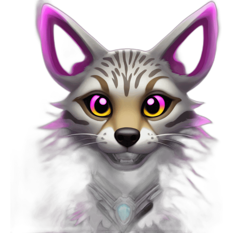 Coyote ocelot with grey and black fur and phoenix wings and pink ears half skeleton, neon lights emoji