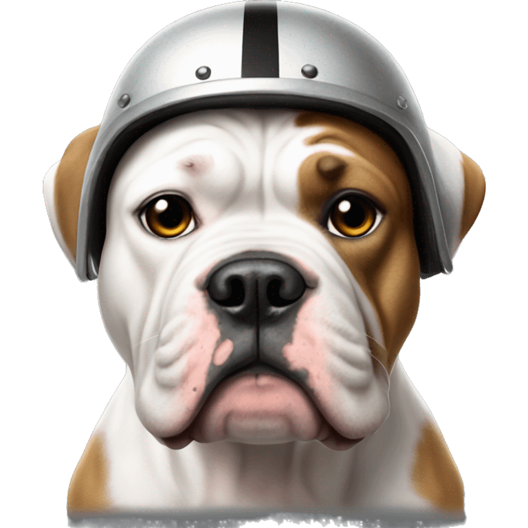 American bulldog with cropped ears wearing a raiders helmet emoji