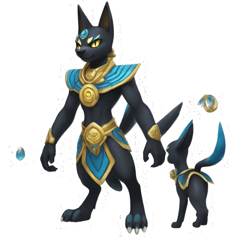 Black godly overpowered ethereal majestic Egyptian Lucario-Litten-Cat-Fakemon. Golden Anubis-Rings and yellow ring-markings. Full body emoji