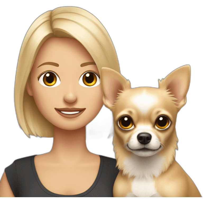 mujer rubia de pelo corto con su perro Chihuahua en los brazos emoji