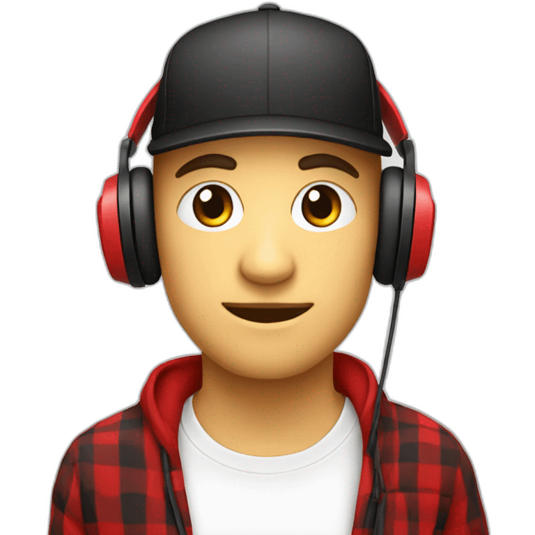 White Streamer wearing a back cap and red headphone with a shirt black and red squares emoji