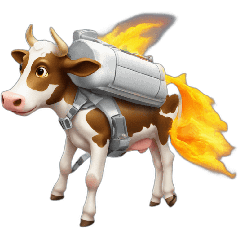 side-on view of cow flying to space while wearing a jetpack that is emitting flames, legs dangling behind emoji