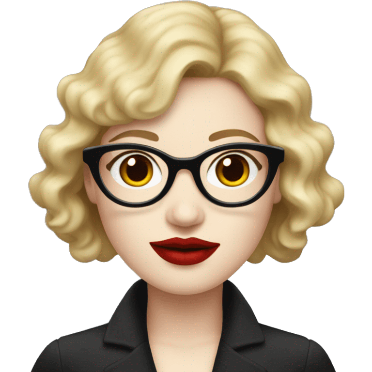 Woman with red wavy bobcut and black cateye glasses, pale skin and red lipstic emoji