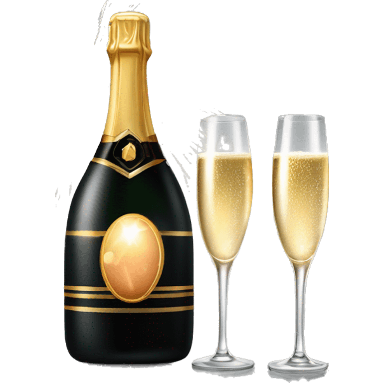 Realistic sparkling diamond glam black bottle of New Years champagne with glass next to it filled withchampagne with two lit sparkler fireworks in the glass with the champagne  emoji