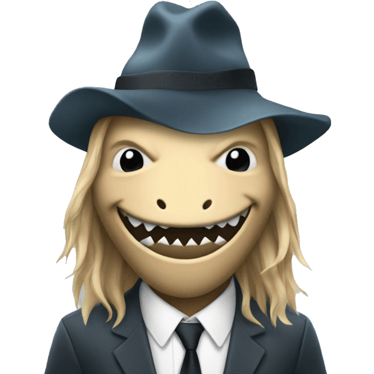 Shark face with long hair and a suit and a hat emoji