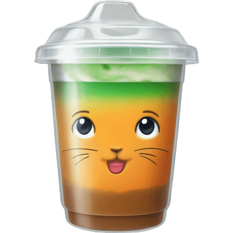 Realistic clear plastic cup filled with orange,white, and green iced coffee inside with clear domed shape rabbit ear shaped lid on top. emoji