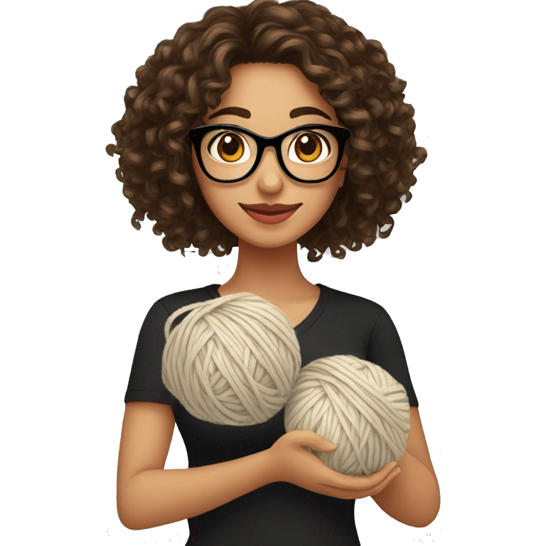 pretty Hispanic woman with long brown curly hair holding one ball of yarn with both arms wearing a black shirt and black glasses emoji