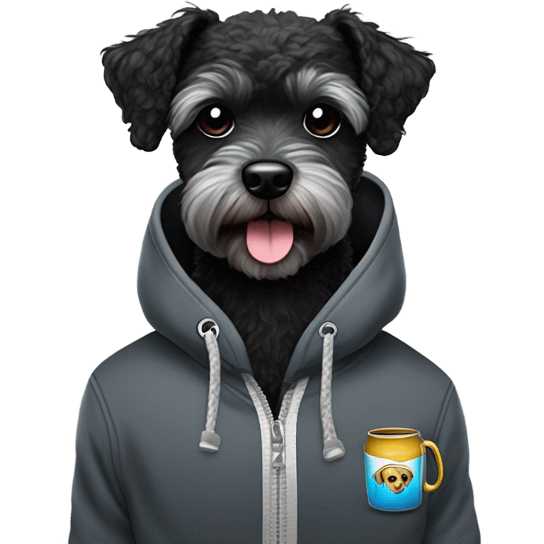 Cool black schnoodle with grey brindle and an underbite winking while smiling with boxing gloves and a hoodie with black sunglasses  emoji