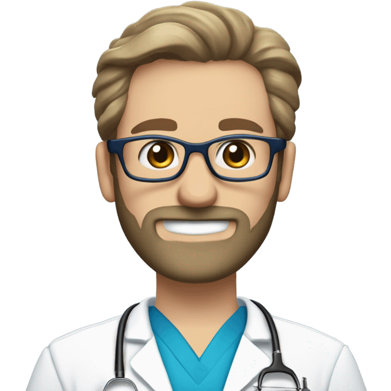 male dark blond haired doctor with grey van dyke beard with hazel eyes and small wire-rimmed glasses in blue scrubs holding a large paintbrush in one hand and a jigsaw in the other emoji