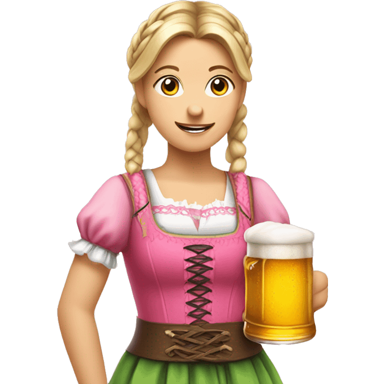 German girl with a braided ponytail wearing a pink dirndl holding a beer emoji