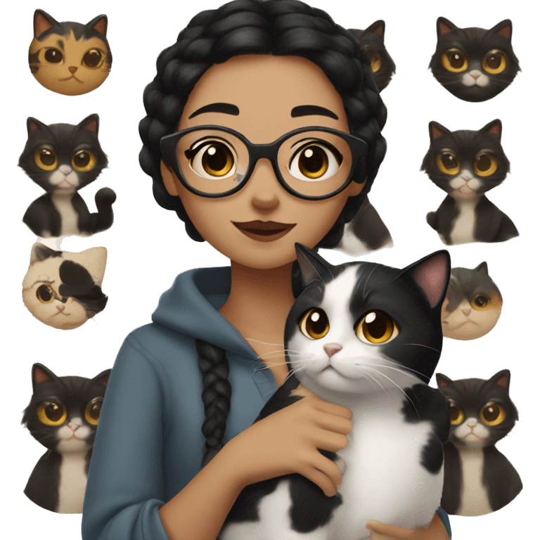 Girl with black hair and round glasses holding a calico cat emoji