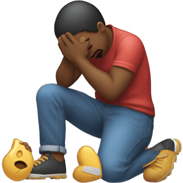 A man kneeling and crying while trying to repair his girlfriend's broken heart. The heart should be depicted as a broken emoji heart, emphasizing the emotional scene. emoji