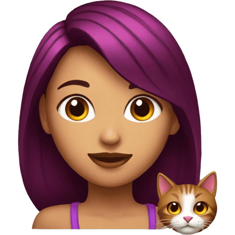 chica con pelo marron y moradas con un gato emoji