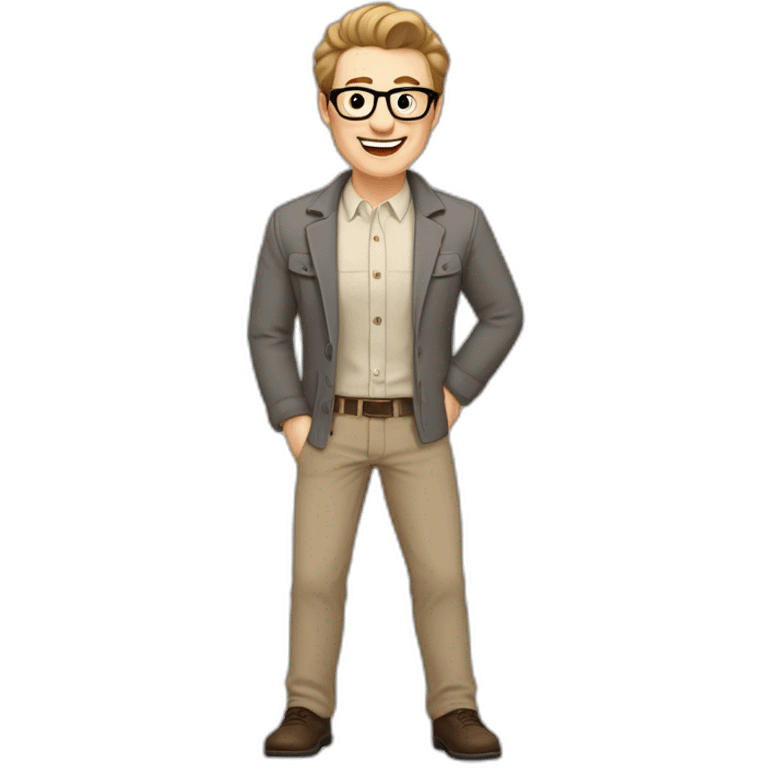 Joyful Pale skinned Fit Man With dark brown hair in gray jacket, beige office shirt, Brown pants and vintage glasses. His thrumbs up emoji