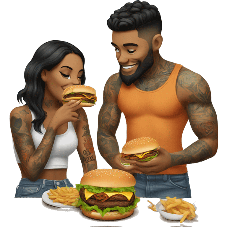 Beautiful tattooed couple eating burgers emoji