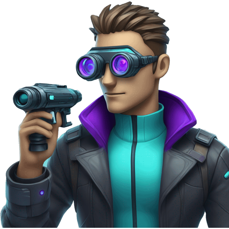 Secret human agent with  cyberpunk elements with a spyglass scanning looking reviewing multicolor lines of code, cyan and purple colors, only upper body portrait emoji