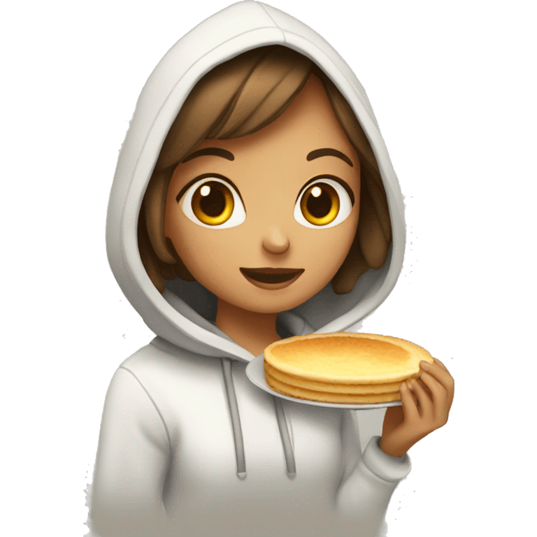 Girl wearing hoddie eating pan cake emoji