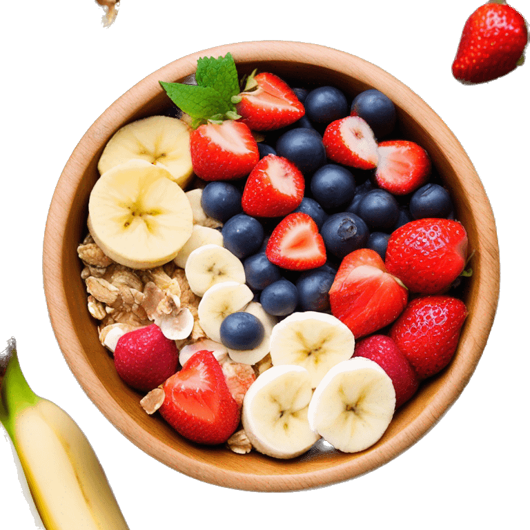 acai bowl in a wood bowl with bananas nutella strawberries granola honey and coconut flakes emoji