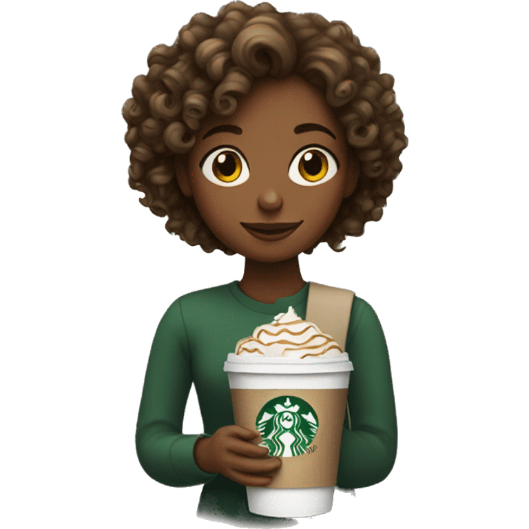 Girl with curly hair holding a Starbucks coffee emoji