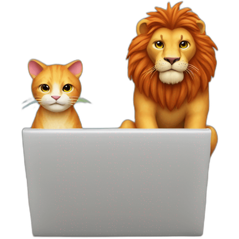 crazy rainbow lion sitting behind a computer coding with an evil ginger cat standing behind him emoji