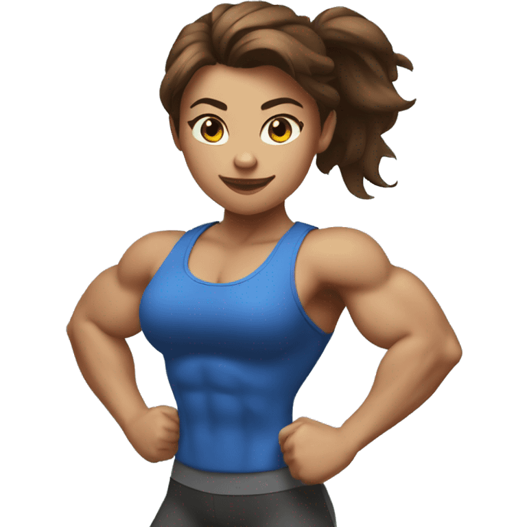 Strong muscle girl brown hair flexing blue emoji