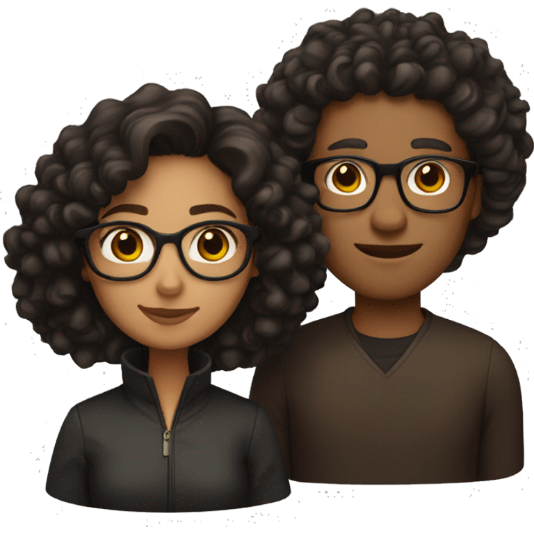 Couple emoji: light skin, brown eyes; man with black curls, glasses; woman brown curls emoji