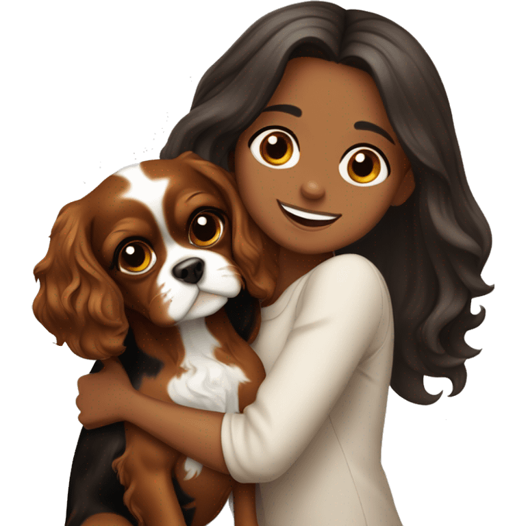 cute girl hugging two black and brown cavalier king charles spaniel  emoji