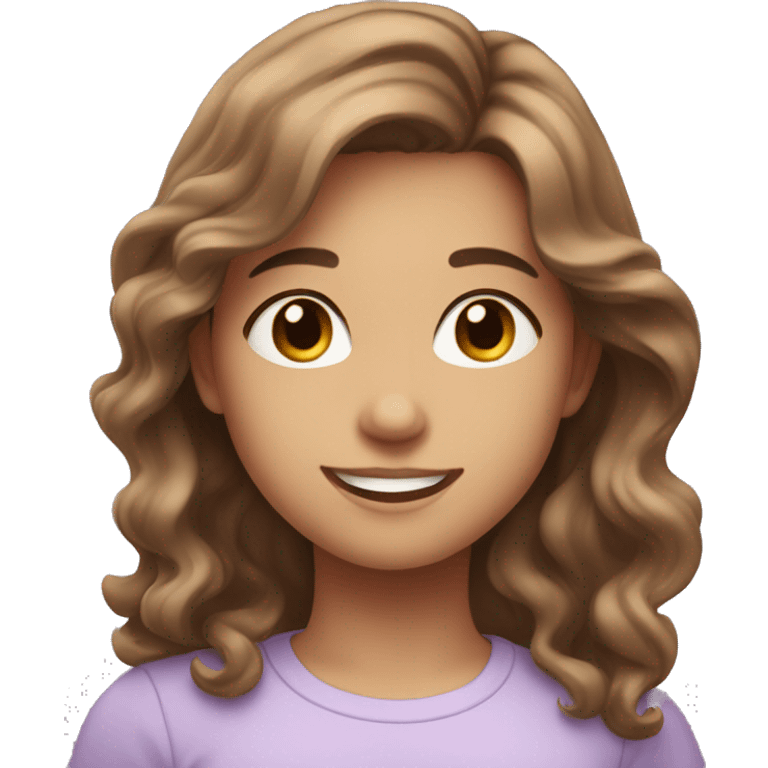 girl with mid to long brown wavy hair, brown eyes, cute smile and lilac shirt emoji