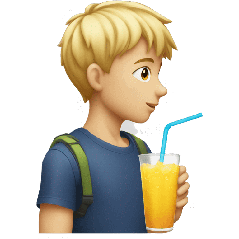 A blonde boy sucking or drinking juice with a straw while his hand is holding the drink, profile view emoji