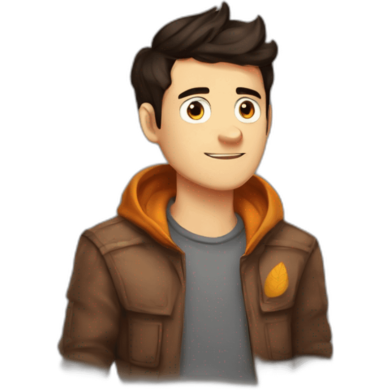 drawn character in the style of gravity falls, guy, dark hair, gray eyes, autumn entourage, yellow-orange leaves, portrait, sweater, avatar for social networks, forest in the background emoji