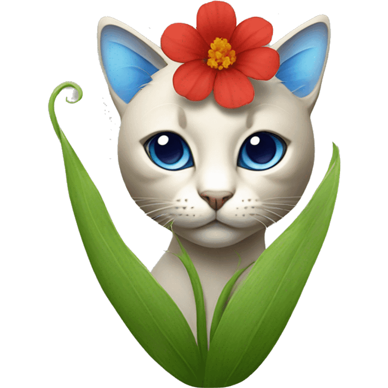 cat with a red and blue flower at the top og his head emoji