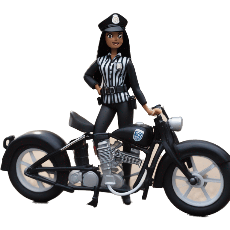 Silkstone Lingerie Barbie, Wednesday Addams from academy in vertically-striped dark-gray and black London police officer’s uniform with hat. Leaning back at the hips, riding a wheelie on a hot rod bike smiling  emoji