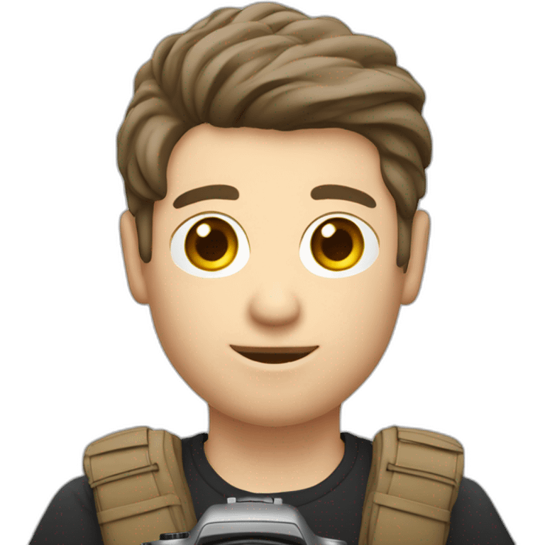 Male Photographer shaved Caucasian wavy hair brunette holding camera emoji