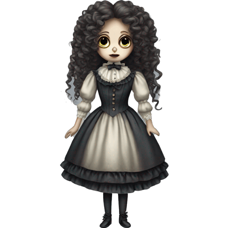 creepy, haunted, victorian doll with very long curly hair and a hair bow emoji