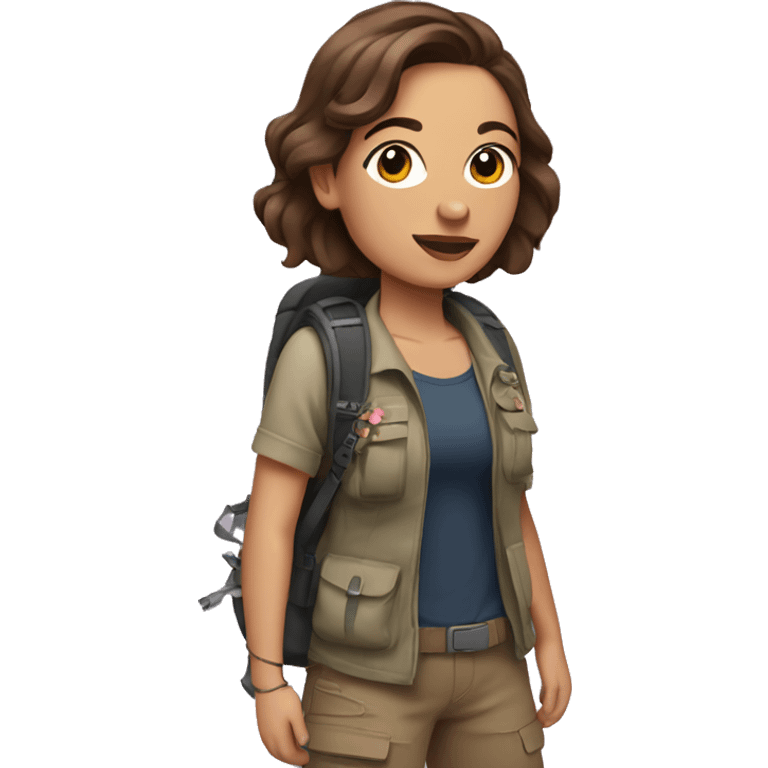 Woman with medium length brown hair and flower tattoo hiking emoji