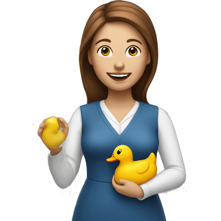 white woman with brown hair happily holding a rubber duck  emoji