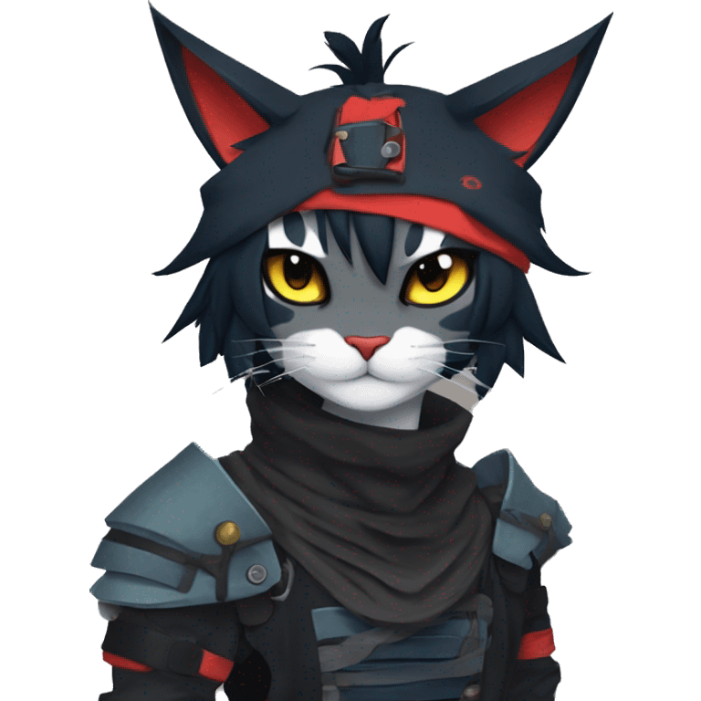 Edgy Shy Anthro Samurai cool pretty dark Litten-Pokémon-cat-fursona-animal techwear bandana emoji