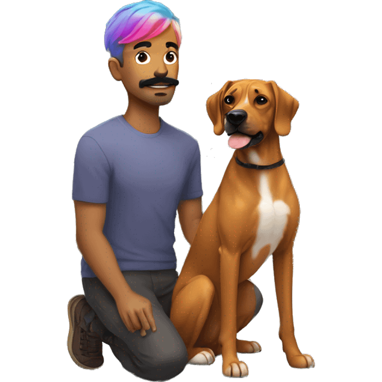 white man with rainbow colored hair and curled mustache standing alongside a brown rhodesian ridgeback dog emoji