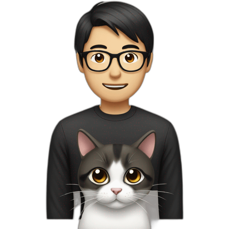 round tan bespectacled Asian Man with black neck length hair and a black and white cat emoji