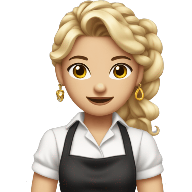 Waitress with white shirt and black apron, curly dirty-blonde hair in a long pony tail, hazel eyes, LOTS of bohemian jewelry and bracelets  emoji