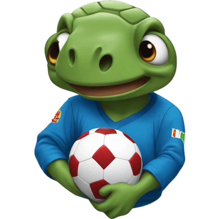 tortuga jugando futbol con una camiseta azul con rojo emoji