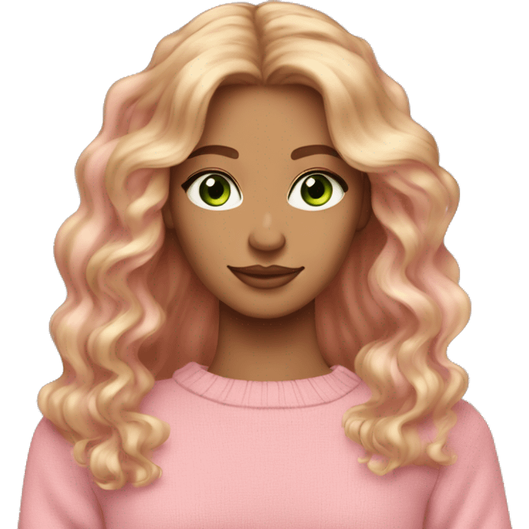 Dark blonde red hair girl tan skin pink sweater pink makeup green eyes gold earrings pink nails wavy long hair emoji