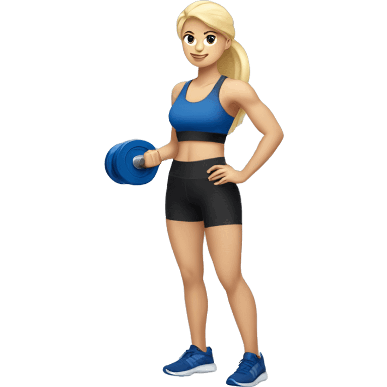 blonde woman working out with a black tank top and a blue shorts holding a dumbbell emoji