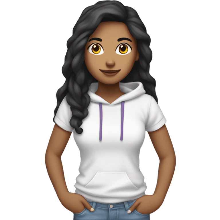 chica latina con cabello negro lacio largo y con camiseta defondo blanca y hoodie lila emoji